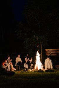 Sub PiatraRaven's Nest - The Hidden Village, Transylvania - Romania的一群人晚上坐在火炉旁