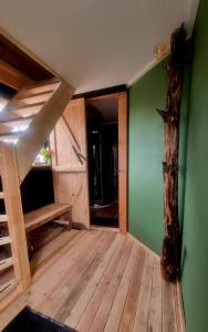 泽尔赫姆Gastenhuisje的一间设有绿色墙壁和木地板的客房,以及楼梯