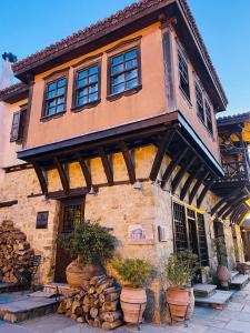 阿尔奈阿Aristotelous Alexandrou Historic Inn的前面有盆栽植物的建筑