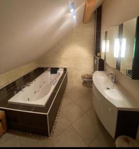 法克湖Faakersee Seahouse mit Privat Strand -Only Sa-Sa的带浴缸、盥洗盆和卫生间的浴室