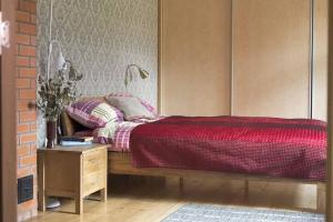 HiiumaaYour getaway home in Jausa küla的一间卧室配有一张带红色棉被的床和一张桌子