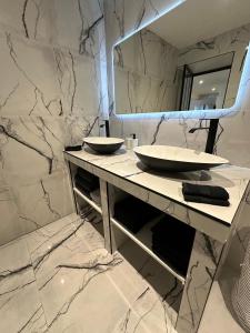 Saint-Georges-sur-BaulcheMaison design de 190m2的浴室设有2个水槽和镜子的台面