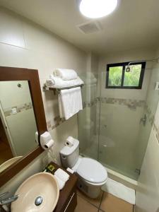普拉亚科罗纳多Tower Suite Hotel Coronado的带淋浴、卫生间和盥洗盆的浴室