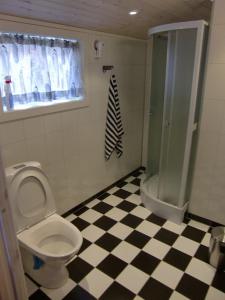 厄什塔Pålgarden的一间带卫生间的浴室以及黑白格子地板。