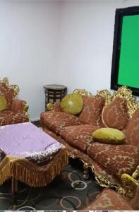 麦加الزيتونة 1的带沙发和绿屏的客厅