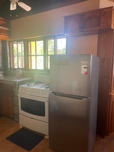 尼格瑞尔R&V VILLA的厨房配有白色炉灶和冰箱。