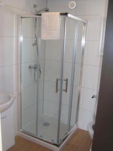 滨海韦克Strandhaus direkt am Meer的浴室里设有玻璃门淋浴