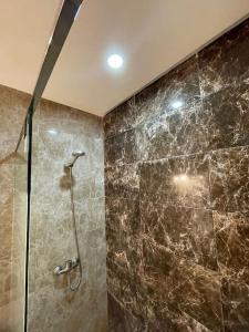 卡萨布兰卡Appart neuf calme et bien équipé的带淋浴的浴室(带石墙)