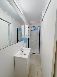 西摩西摩汽车旅馆 的白色的浴室设有水槽和淋浴。