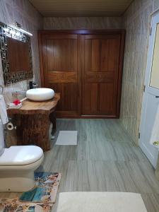 拉迪格岛La Digue Luxury Beach & Spa的一间带卫生间和水槽的浴室