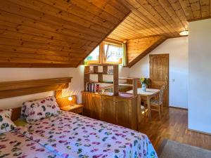 滨湖科伊查赫Ferienwohnungen am See Haus Spitzer的一间卧室配有一张床和一张书桌