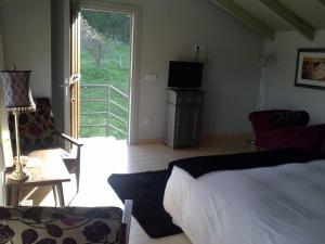 Arquera de SalesHotel Rural El Algaire的一间卧室设有一张床和一个滑动玻璃门