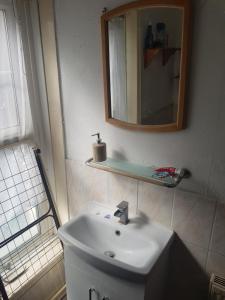 布罗姆利Bromley Cosy的浴室设有白色水槽和镜子