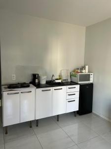 南雅拉瓜Casa das Suculentas的白色的厨房配有水槽和微波炉