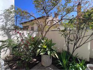 塞萨洛尼基Retro House with Garden in Anopoli的一座花园,在一座建筑前种有鲜花和植物