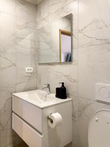 布莱德Lodge Pia的白色的浴室设有水槽和镜子
