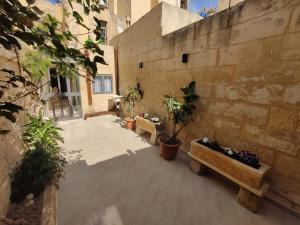 卢加Peaceful Traditional Maltese Townhouse的一个空的庭院,里面放着两把长凳和盆栽植物