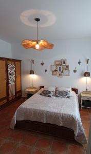 艾格-莫尔特Le Petit Patio的一间卧室配有一张带两张桌子的床和天花板