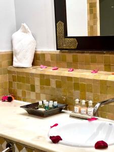 马拉喀什Pavillon du Golf -Palmeraie suites的浴室的柜台设有水槽和镜子