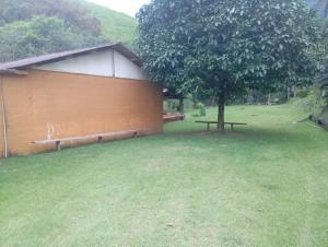 瓜拉派瑞Camping Casa Velha的田野上树和长凳的建筑物