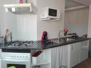 马德里Apartamento Pinar de Chamartin的厨房配有水槽和炉灶 顶部烤箱