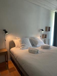 勒克鲁西克Terracotta - Belle maison, 2 chambres, jardin - Plages et commerces à pied的一间卧室配有一张床,上面有两条毛巾