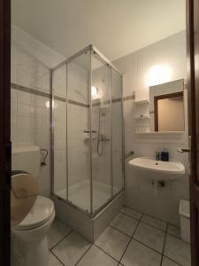 鲍洛通拜雷尼Korona Panzió的带淋浴、卫生间和盥洗盆的浴室