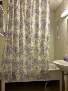 林雪平Pretty flat in Ryd center, with bathtub near University的浴室配有带水槽的浴帘