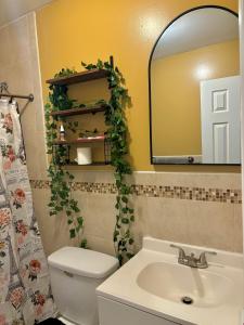 ArverneA little piece of home的一间带卫生间、水槽和镜子的浴室