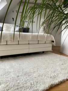 埃森private Wellness Suiten mit Whirlpool的卧室配有白色的床和白色地毯。