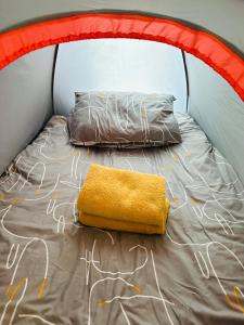伦敦Little wooden hut的橙色天篷的房间里的一个床位