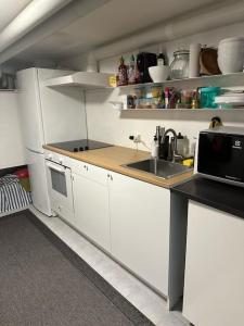 哥德堡Mysigt centralt boende的小厨房配有白色橱柜和水槽