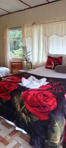 圣赫拉多德多塔Miriam'S Quetzals lodge的一间卧室,床上有红色玫瑰