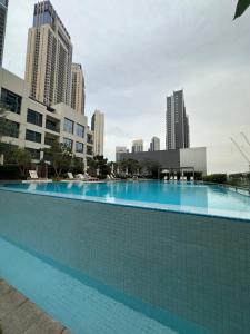 迪拜Burj Khalifa View & Creek lagoon的一座位于城市的游泳池,有高大的建筑