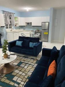 欧丘里欧K2 Aqua Vista Escape的一间带蓝色沙发的客厅和一间厨房