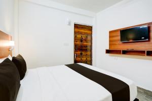 坎普尔OYO Flagship HOTEL MADHUBAN'S INN的一间卧室配有一张床,墙上配有电视