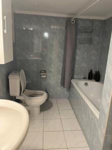 塞萨洛尼基Modern Home的浴室配有卫生间、浴缸和水槽。