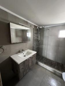 安坡里奥圣托里尼Emporio New Classic 1Bd Santorini Stylish Apt的一间带水槽和淋浴的浴室