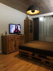 马热伊基艾Apartamentai 78的一间卧室配有一张床和一台平面电视