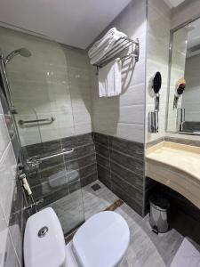 麦地那Zaha Al Madina Hotel的浴室配有卫生间、淋浴和盥洗盆。