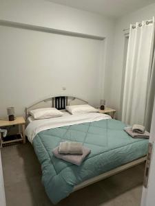 波多河丽Mimozas Apartment Porto Heli的一间卧室配有带毛巾的床