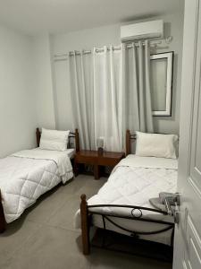 波多河丽Mimozas Apartment Porto Heli的一间卧室配有两张床和镜子