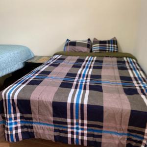 里奥班巴Casa Campo Juive Grande的一张带铺着地毯的床铺和两个枕头