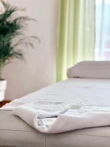 阿尔滕马克特蓬高乌尔比斯古特酒店的床上有一条白色的毯子