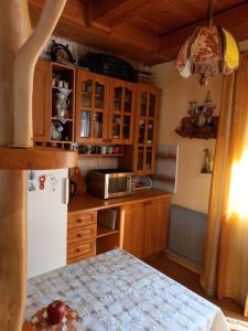 沃洛韦齐Під горою的厨房配有木制橱柜和白色冰箱。