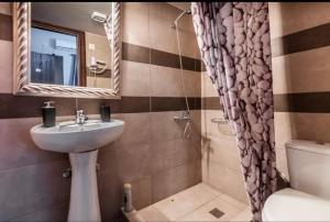 Selíniablue hotel salamina的一间带水槽、卫生间和镜子的浴室