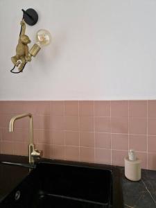菲尔福尔德Gezellig appartement in Vilvoorde的厨房配有水槽和墙上的灯
