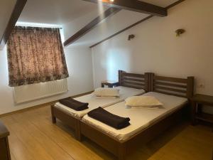 奥内什蒂La Strada的一间卧室设有两张床和窗户。