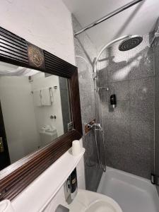 哈尔伯格摩斯Runa´s Hotel的带淋浴、卫生间和盥洗盆的浴室