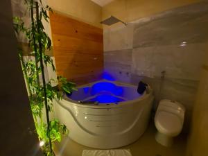 皮乌拉Suite Apart Miraflores的浴室配有带卫生间和小油管的大浴缸。